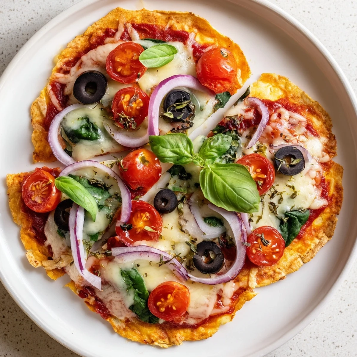 Homemade crispy tortilla pizza, baked to perfection with a delicious variety of toppings and a golden base.