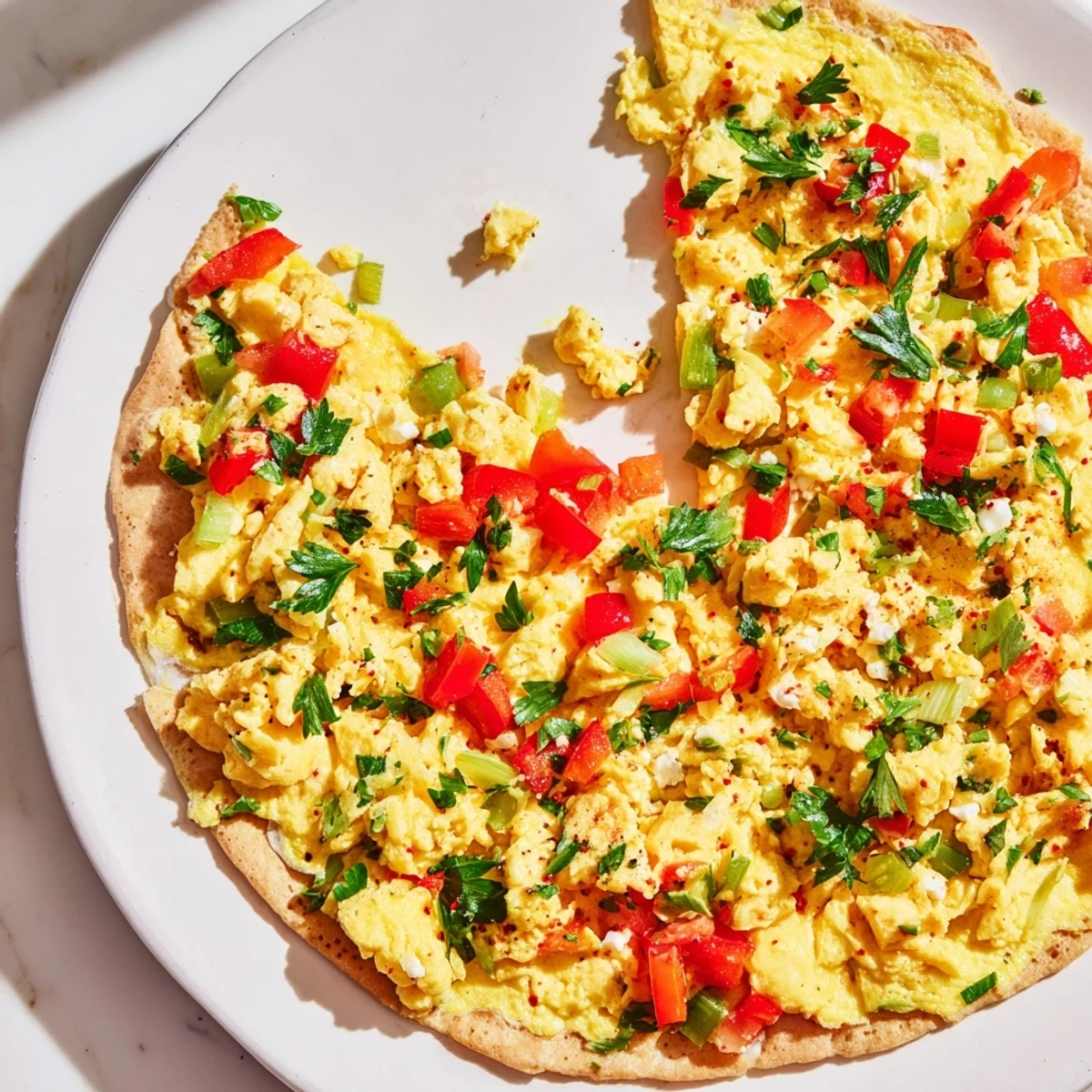 Golden-crusted Turkish Menemen Eggs Pizza topped with creamy, spiced scrambled eggs and crumbled feta.