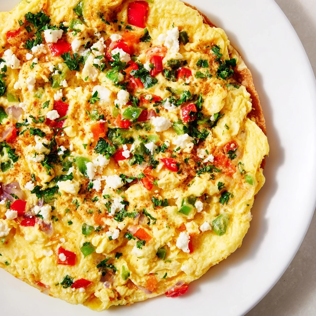 A delicious close-up of the flavorful Turkish Menemen Eggs Pizza, ready to serve with fresh parsley.