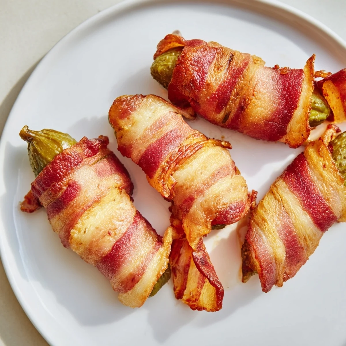 Golden crispy bacon-wrapped pickles baked to perfection on a parchment-lined tray, ready for a party appetizer.  