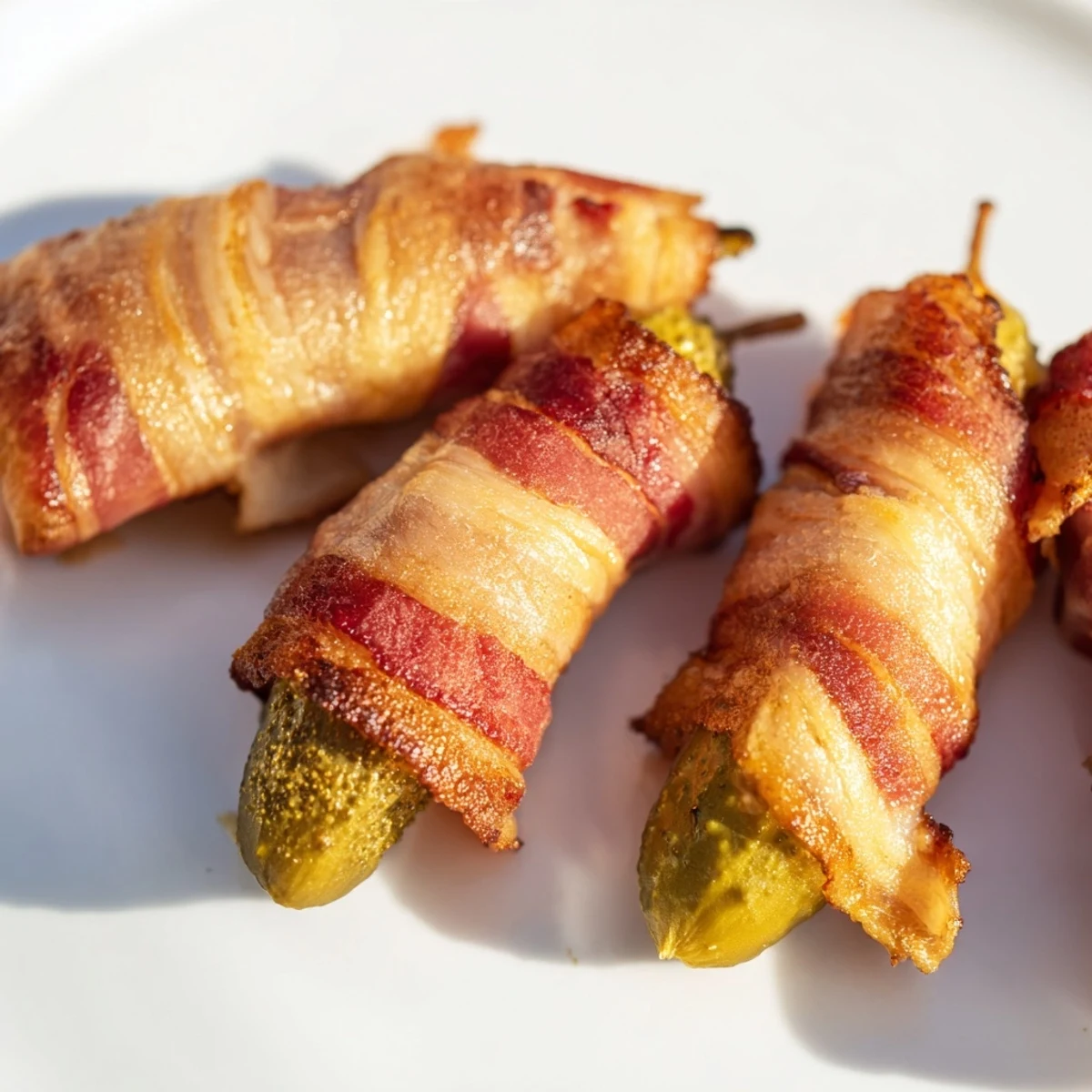 Homemade bacon-wrapped pickles glistening with seasoning, ideal for game day gatherings or easy entertaining.