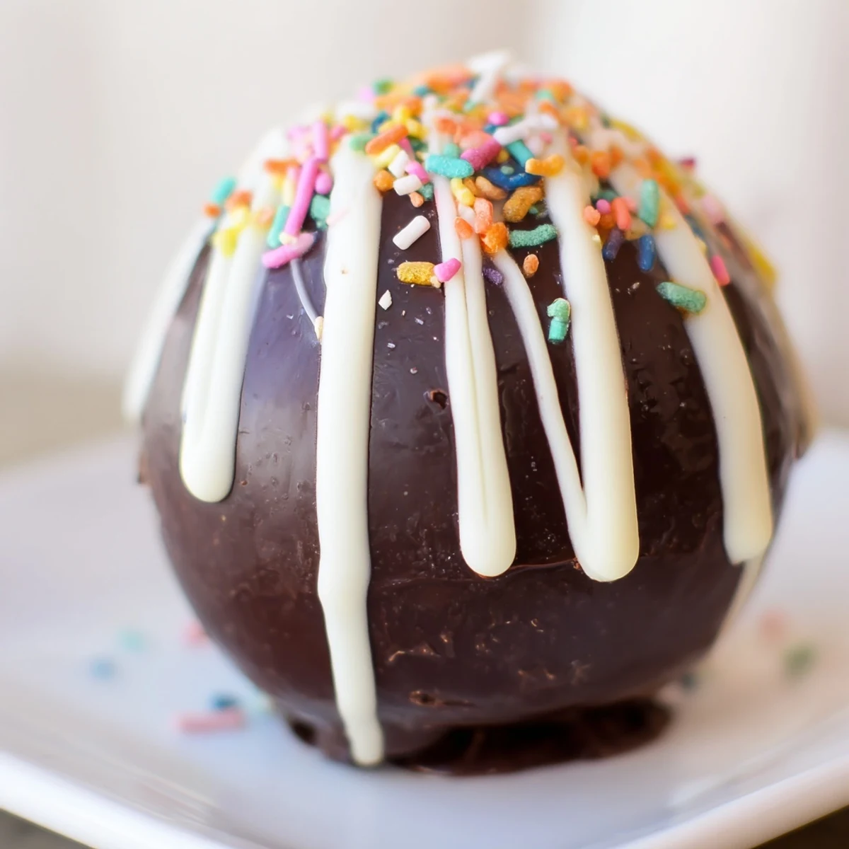 Spherical chocolate treats for hot chocolate with optional white chocolate drizzle and sprinkles.