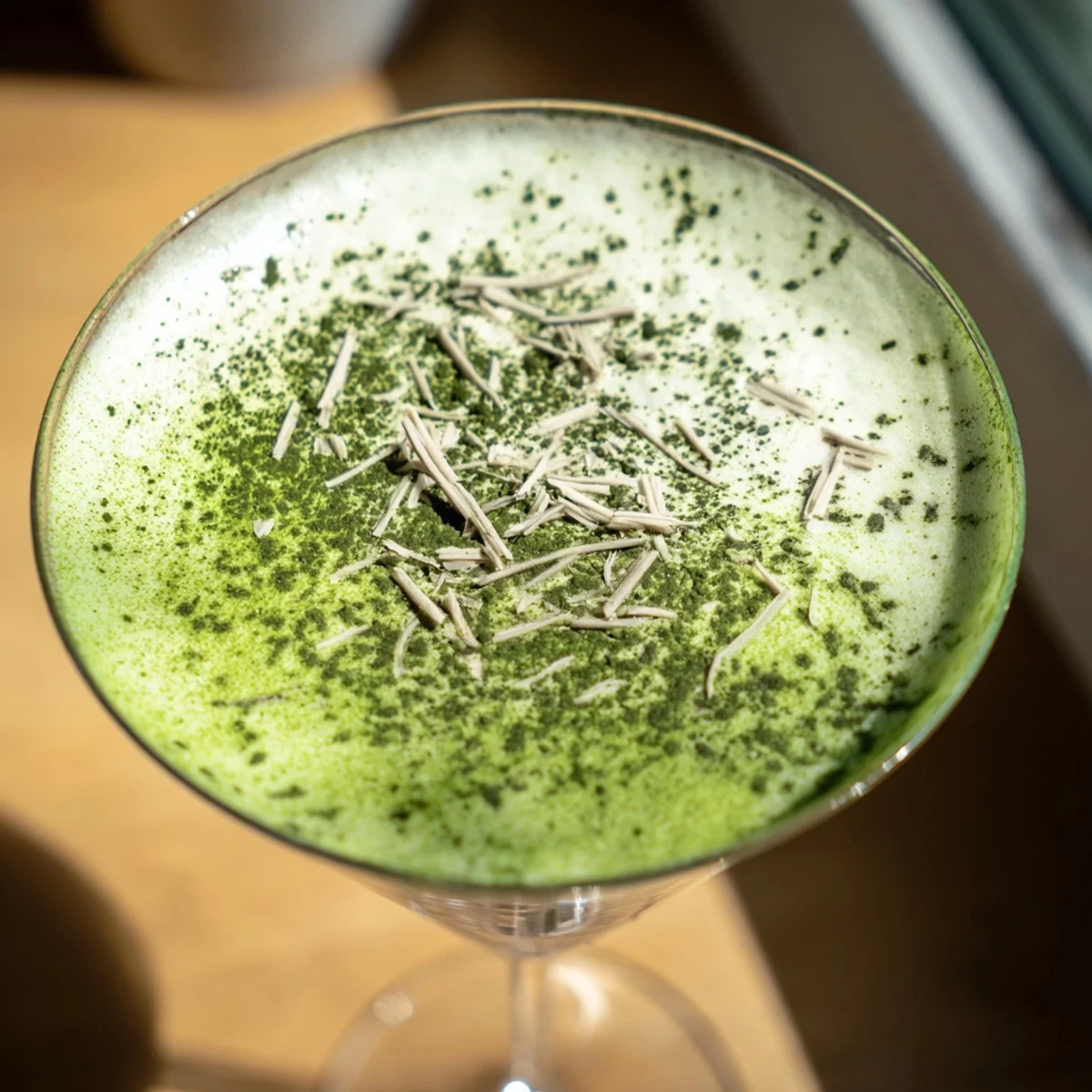 The creamy Matcha Martini cocktail fills a martini glass, paired with white chocolate shavings for a sweet garnish.