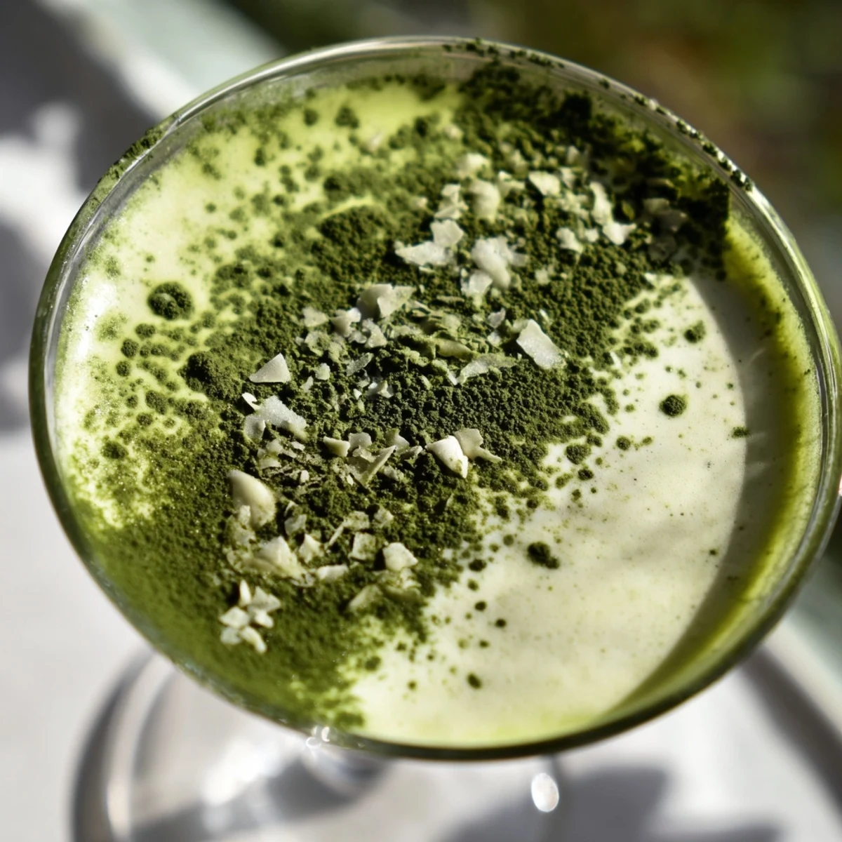 A frothy Matcha Martini cocktail is poured into a glass, ready to be served after a vigorous shake.