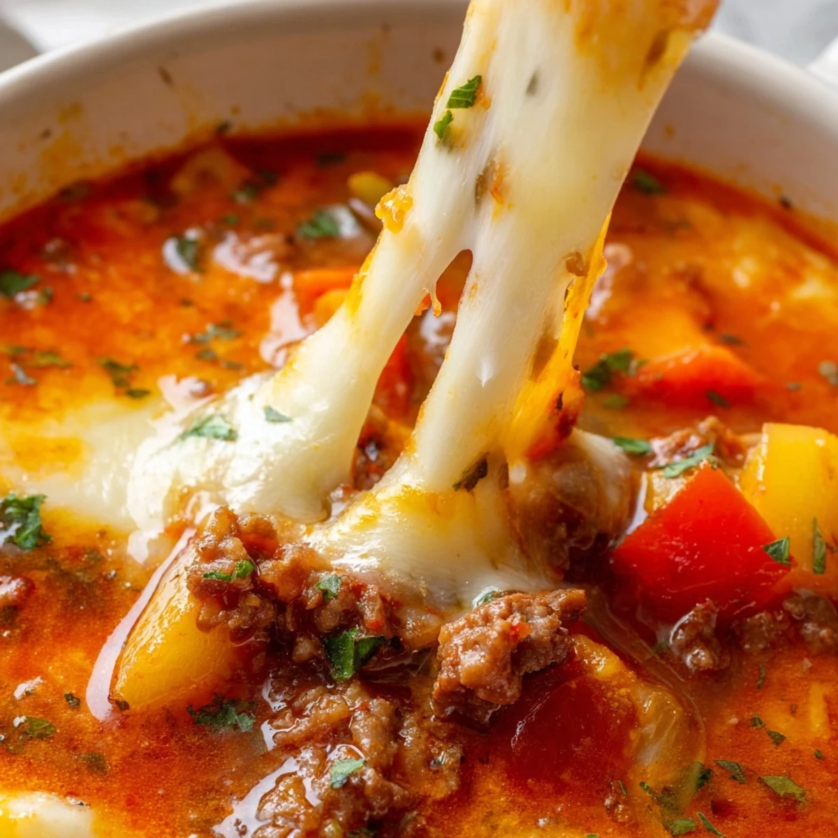 A steaming bowl of Pizza Soup topped with melted mozzarella and fresh basil leaves, served beside crusty bread for dipping.