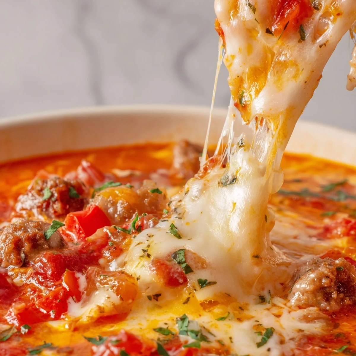 Pizza Soup simmering in a pot with Italian sausage, diced red bell pepper, and onions in a rich tomato-based broth.