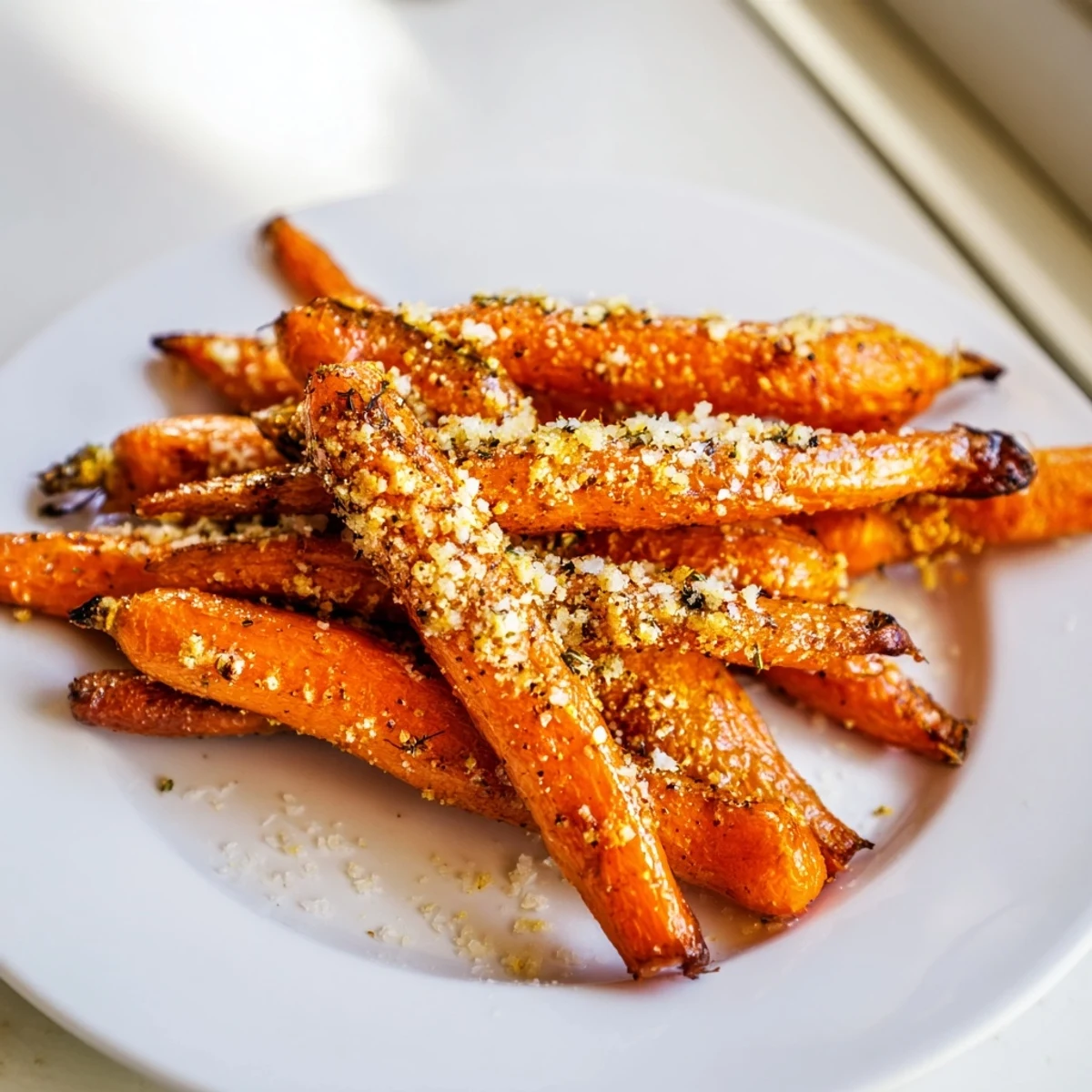 Freshly roasted Parmesan Baby Carrot Chips glistening with honey and golden cheese on a baking sheet.  