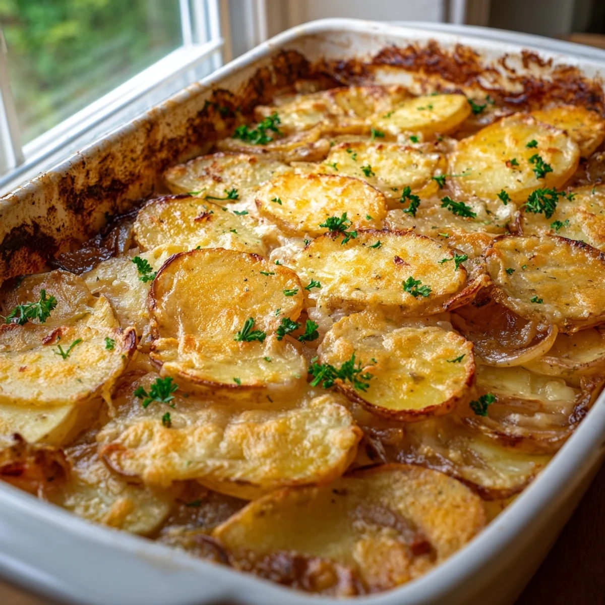 Freshly baked French Onion Soup Potatoes topped with bubbly, golden Gruyère cheese and fresh parsley garnish on a rustic plate.