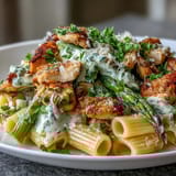 Tender sliced chicken and cheesy roasted asparagus mixed with penne pasta tossed in a glossy, creamy garlic Parmesan sauce.