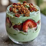 Vibrant strawberry matcha yogurt parfait with granola, fresh strawberries, and crunchy toppings in a clear glass jar.
