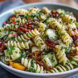 Easy Picnic Pasta Salad with Italian Dressing features vibrant vegetables and mozzarella in a zesty dressing.  