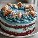 Decorated Cancer Zodiac Cake: sea-inspired vanilla cake with shimmering edible shells.