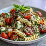 Fresh Caprese Pasta Salad with vibrant cherry tomatoes and creamy mozzarella pearls.
