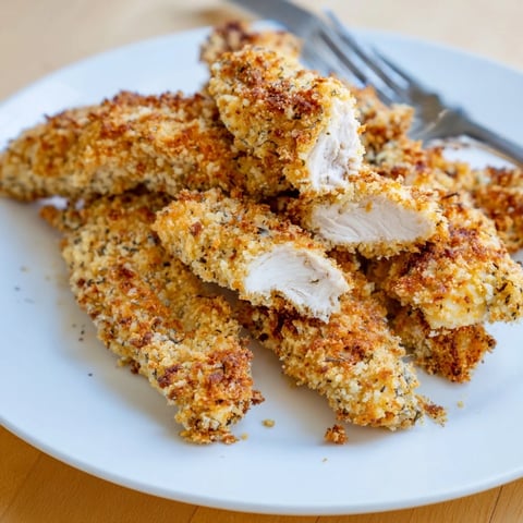 Golden brown Crunchy Oven-Baked Chicken Tenders served with zesty dipping sauce.  