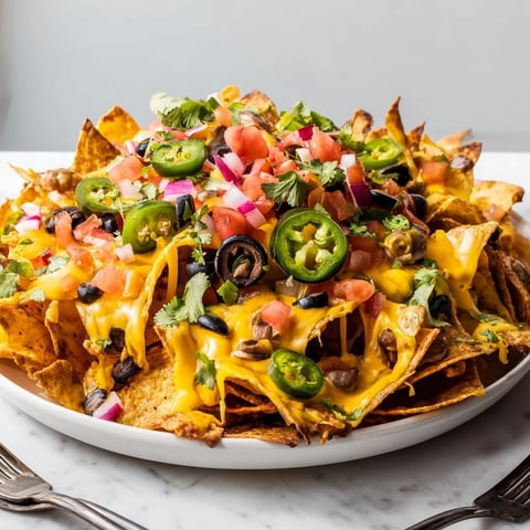 Crispy loaded nachos with cheese and jalapeños topped with fresh cilantro.  