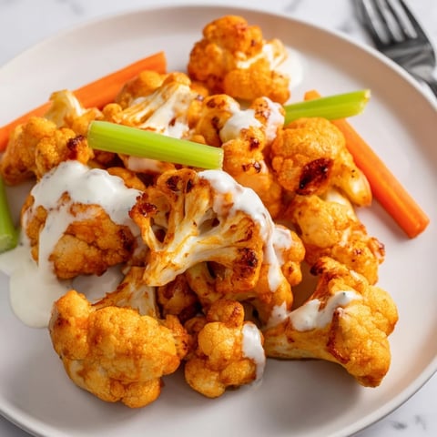 Crispy Buffalo Cauliflower Bites drizzled with tangy hot sauce, perfect game day snack.  