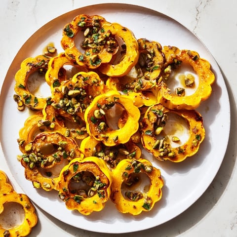 Warm, roasted baked delicata squash rings glistening with maple syrup and sprinkled with pistachios.