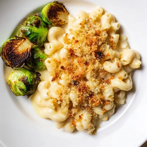 Golden-brown sheet pan mac and cheese with perfectly roasted Brussels sprouts, ready to serve.