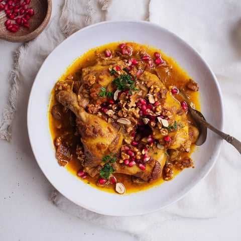 A steaming bowl of Pomegranate Walnut Fesenjan Stew with dark, glossy sauce and chicken.
