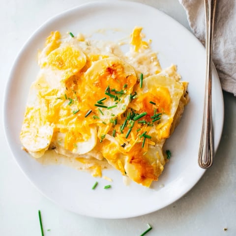 Golden and bubbly cheesy scalloped potatoes, a comforting side dish perfect for a holiday meal.