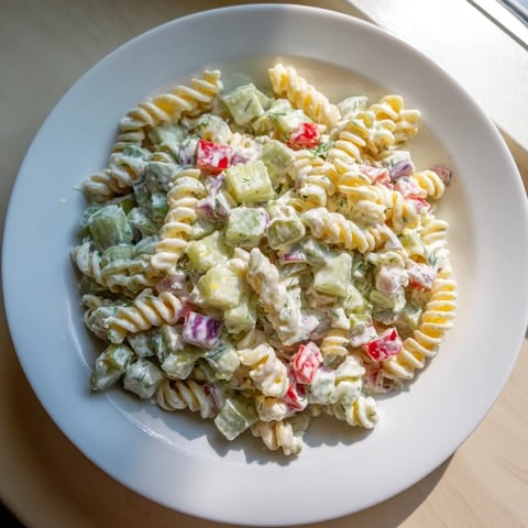 Creamy, chilled dill pickle chopped pasta salad, featuring colorful vegetables with a tangy bite and cheese.