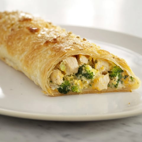 Golden, flaky Creamy Chicken and Broccoli Puff Pastry Rolls, steaming hot and ready to eat, perfect for dinner.