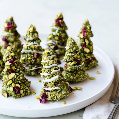 Vibrant green Matcha Pistachio Christmas Tree Energy Bites, ready-to-eat, sprinkled with red cranberries and white chocolate drizzle.