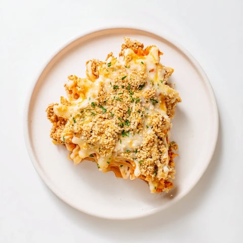 Creamy, golden Lightened Mac & Cheese Snowflake Pasta Bake, perfectly baked and bubbling, ready to be enjoyed.