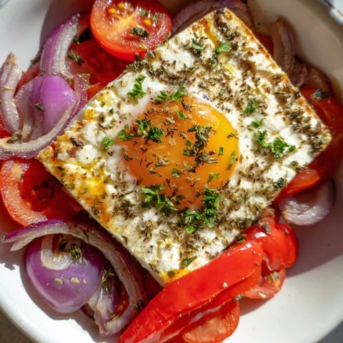 Mediterranean Baked Feta & Eggs: A close-up shot of bubbling, baked eggs with creamy feta and colorful tomatoes.