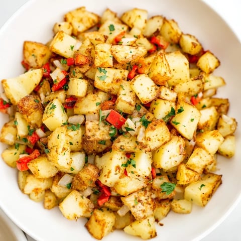 Golden, crispy air fryer breakfast potatoes, served hot, featuring colorful peppers and onions alongside.