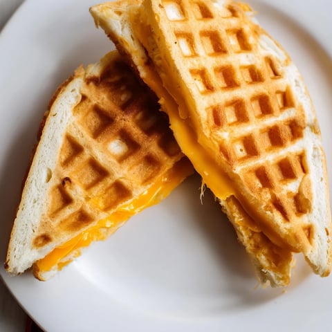Golden, bubbly waffle grilled cheese, ready to enjoy with a side of warm tomato soup.