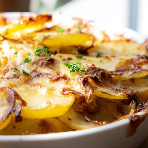 Golden, bubbling French Onion Soup Potatoes with caramelized onions and melted Gruyère, a delicious side.