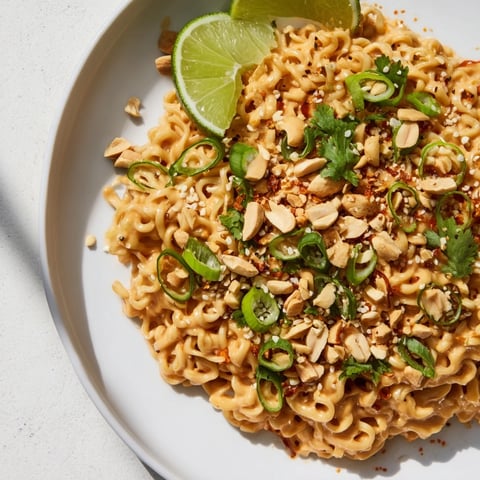 Steaming bowl of Instant Peanut Thai Sauce Noodles, coated in a luscious, spicy peanut sauce, ready to savor.