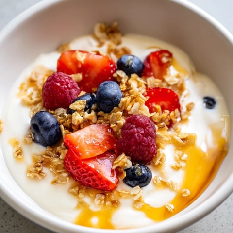 Cottage Cheese Hot Honey Bowl beautifully presents creamy cottage cheese with hot honey, berries, and granola.