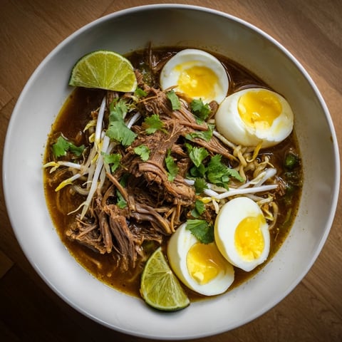 A steaming bowl of Chaos Cooking Birria Ramen, showcasing tender beef and vibrant toppings.