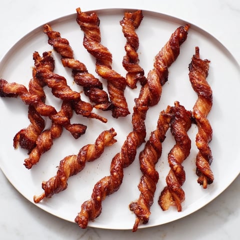 Golden brown Spiced Bacon Twists glistening with caramelized sugar and cinnamon on a rustic wooden board.