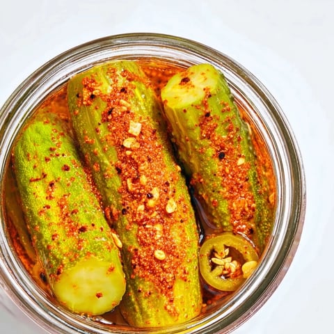 Crisp dill pickles marinated in bold taco seasoning, garnished with jalapeño and garlic slices for a spicy, tangy snack.