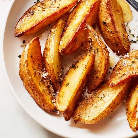 Crispy roasted potato wedges drizzled in garlic butter, ideal side dish for dinner.  