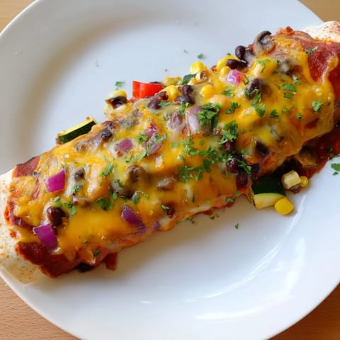 A close-up of cheesy, baked Farmers Market Vegetarian Enchiladas, showcasing colorful vegetables and warm sauce.