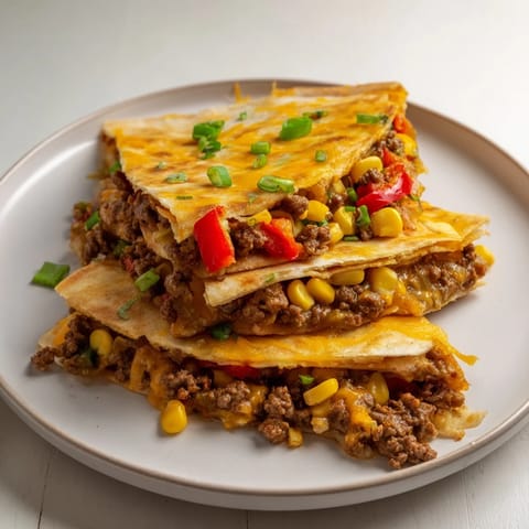 Loaded sheet pan quesadillas with beef, featuring seasoned ground beef, vegetables, baked until bubbly and delicious.