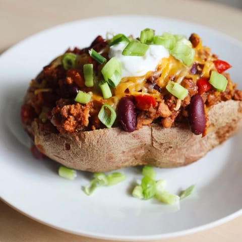 A close-up of delicious Chili-Style Baked Potatoes, showcasing the vibrant chili and creamy potato textures.