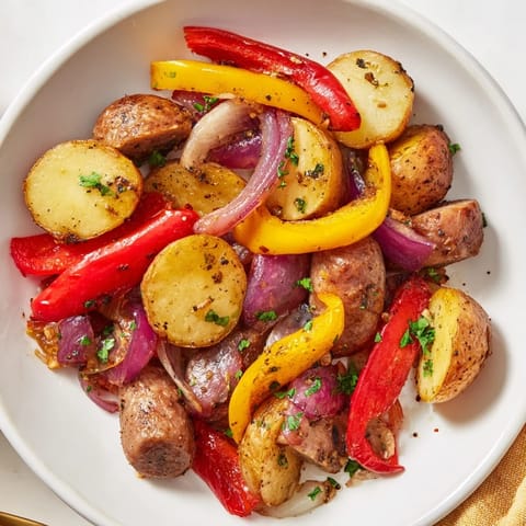 Vibrant image of sheet-pan sausage with peppers, onions, and potatoes, perfect for a flavorful weeknight meal.