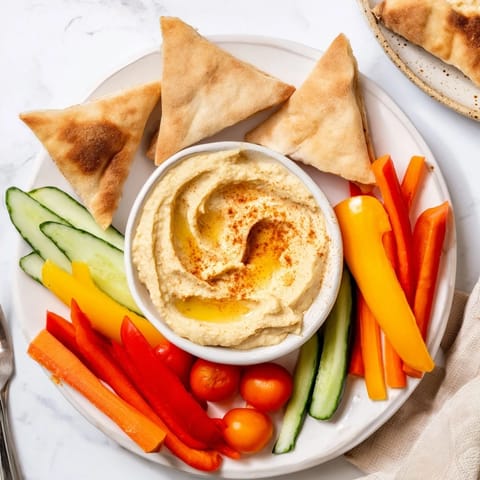 A close-up shot of homemade hummus with pita and veggie sticks, perfect for dipping.
