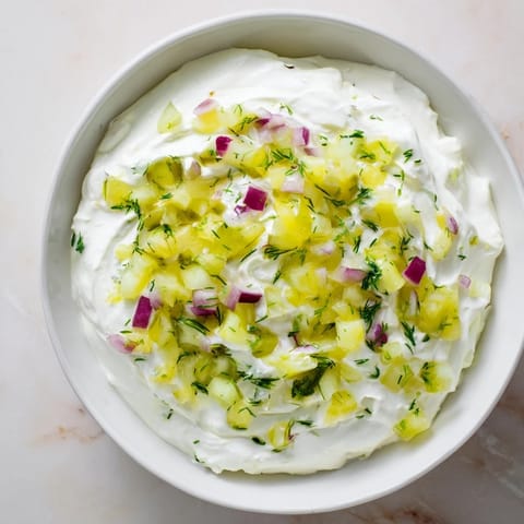 A close-up of vibrant Sweet and Sour Pickle Relish Dip, a tangy, flavorful appetizer ready to eat.