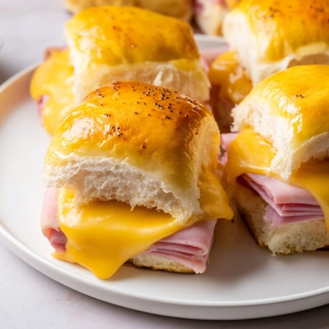 Gooey Swiss cheese melts over savory ham in these delicious Baked Ham and Cheese Party Sliders.