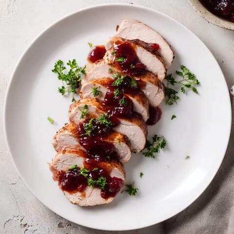 A close-up of beautifully browned Tart Cherry Date Glazed Pork Tenderloin, offering a tantalizing combination of sweet and savory.