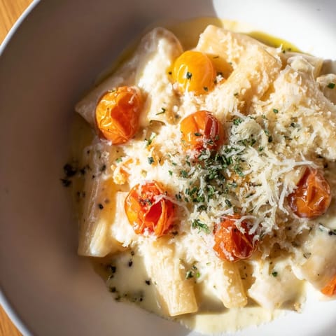 Cheesy Four-Cheese Baked Block Pasta bubbling hot, with parmesan sprinkled on top.