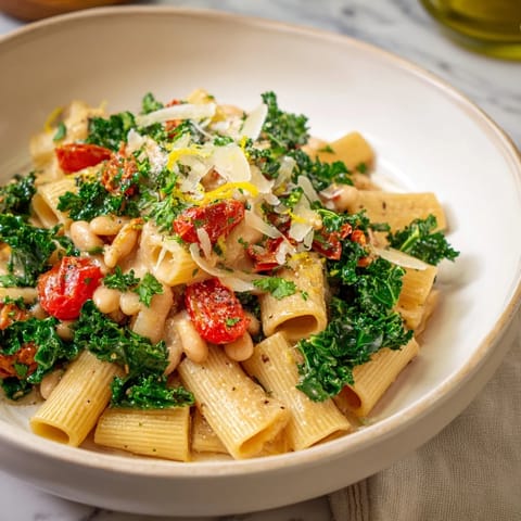 Vibrant image shows Healthy Tuscan White Bean & Kale Christmas Pasta with fresh kale and Parmesan cheese, ready to serve.