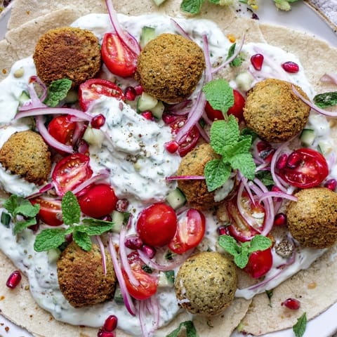 A beautiful Christmas wreath composed of the Festive Falafel & Tzatziki, perfect vegetarian main.