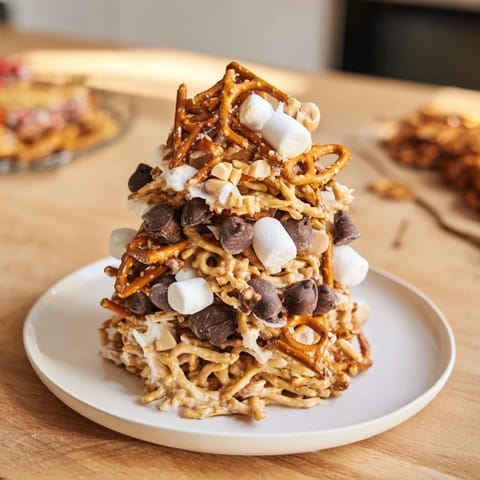 Impressive Haystack Candy Tower, a whimsical treat featuring crunchy noodles, pretzels, and chocolate, ready to share.